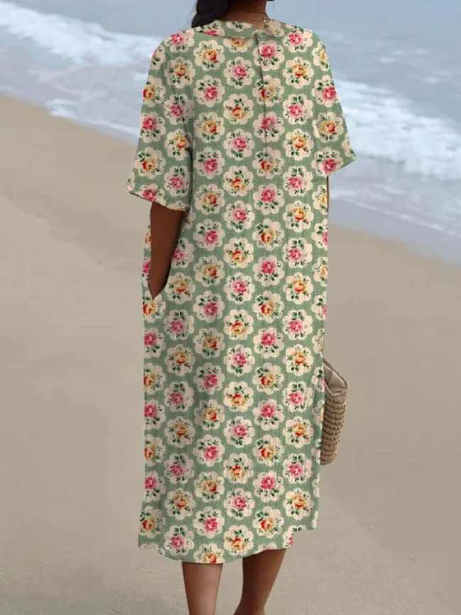 Women's Vintage Floral Art Print Casual Flowy Dress b11e