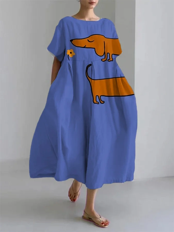 Women's Cute Dog Short Sleeve Linen Blend Midi Dress bce0
