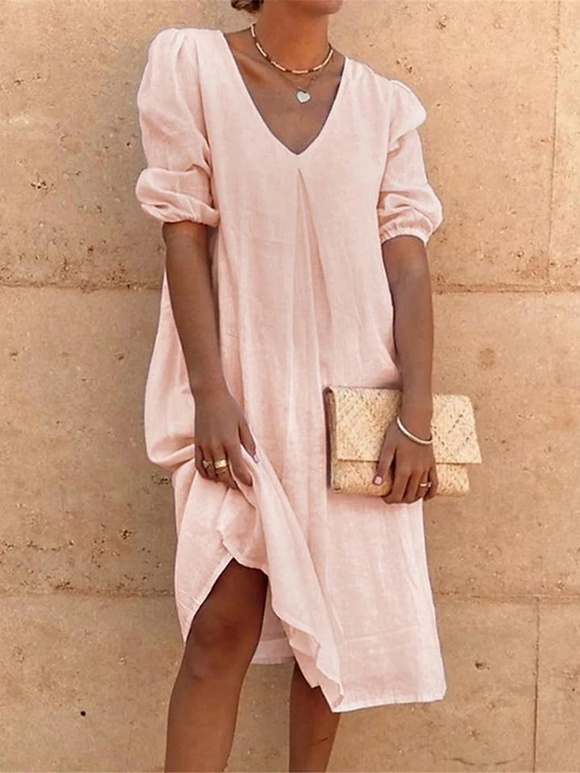 Women's White Dress Shirt Dress Cotton Linen Dress Midi Dress Ruched Basic Daily V Neck 3/4 Length Sleeve fed9