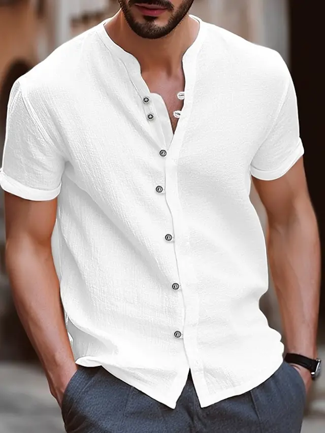 5 PACK-Men's Shirt Linen Shirt Summer Shirt Beach Wear Button Up Shirt Black White Blue Khaki Short Sleeve Plain Band Collar Summer Casual Daily Clothing Apparel