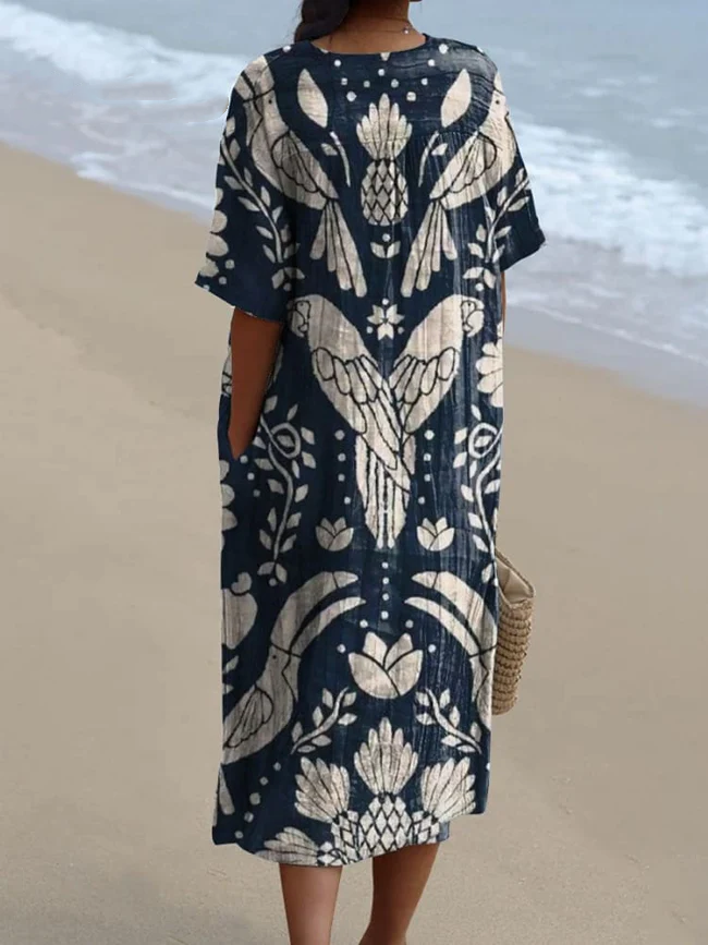 Women's Vintage Ethnic Lovely Birds Art Print Flowy Dress 5d14