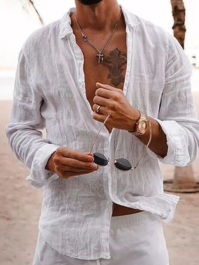 8 PACK-Men's Linen Shirt Summer Shirt Casual Shirt Beach Shirt Black White Pink Navy Blue Long Sleeve Plain Lapel Spring & Summer Hawaiian Holiday Clothing Apparel Basic