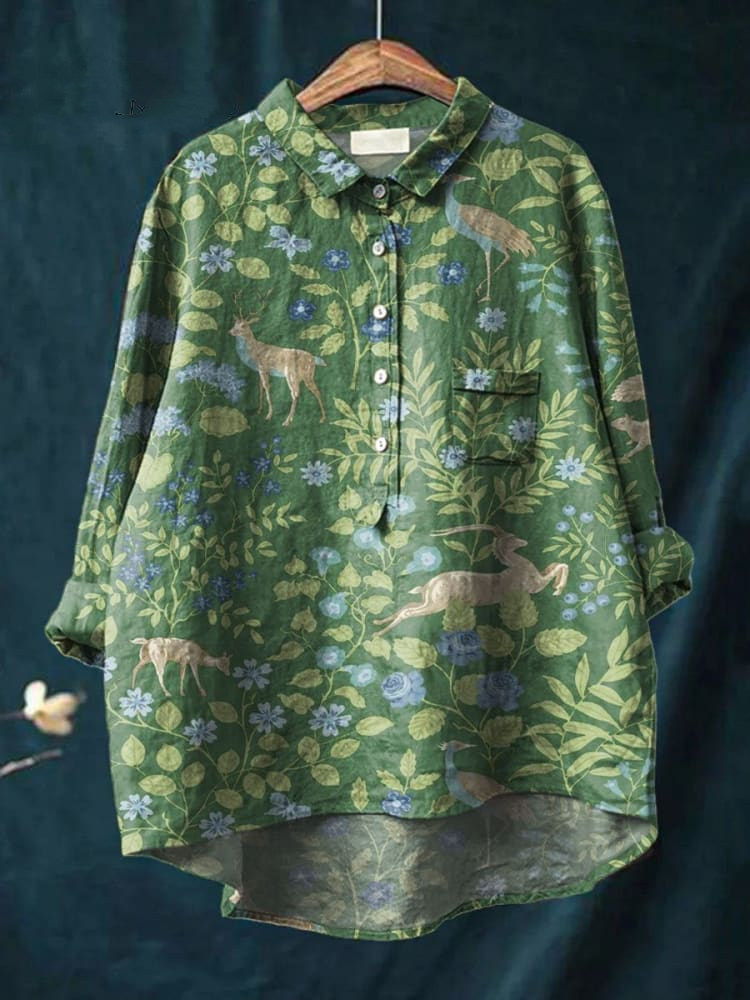 Women's Vintage Floral Animals Art Print Casual Cotton And Linen Shirt d54a