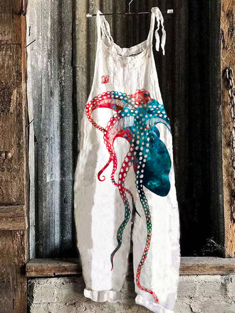 Watercolor Octopus Tentacles Japanese Print Linen Loose Casual Jumpsuit 973b
