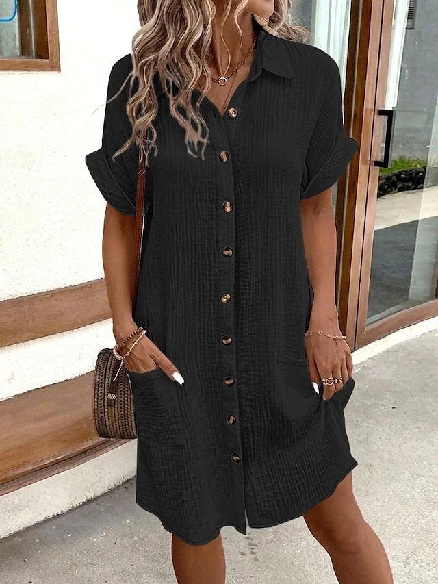 Women's Shirt Dress Mini Dress Button Pocket Vacation Casual V Neck Short Sleeve aa06