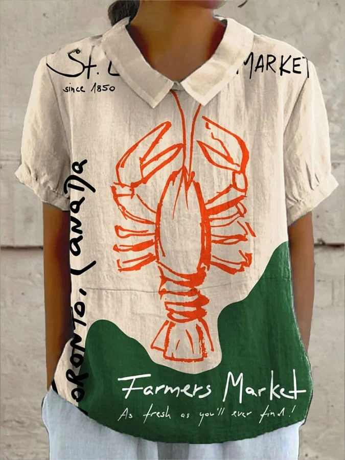 Women's Vintage Lobster Art Print Casual Top d7f1